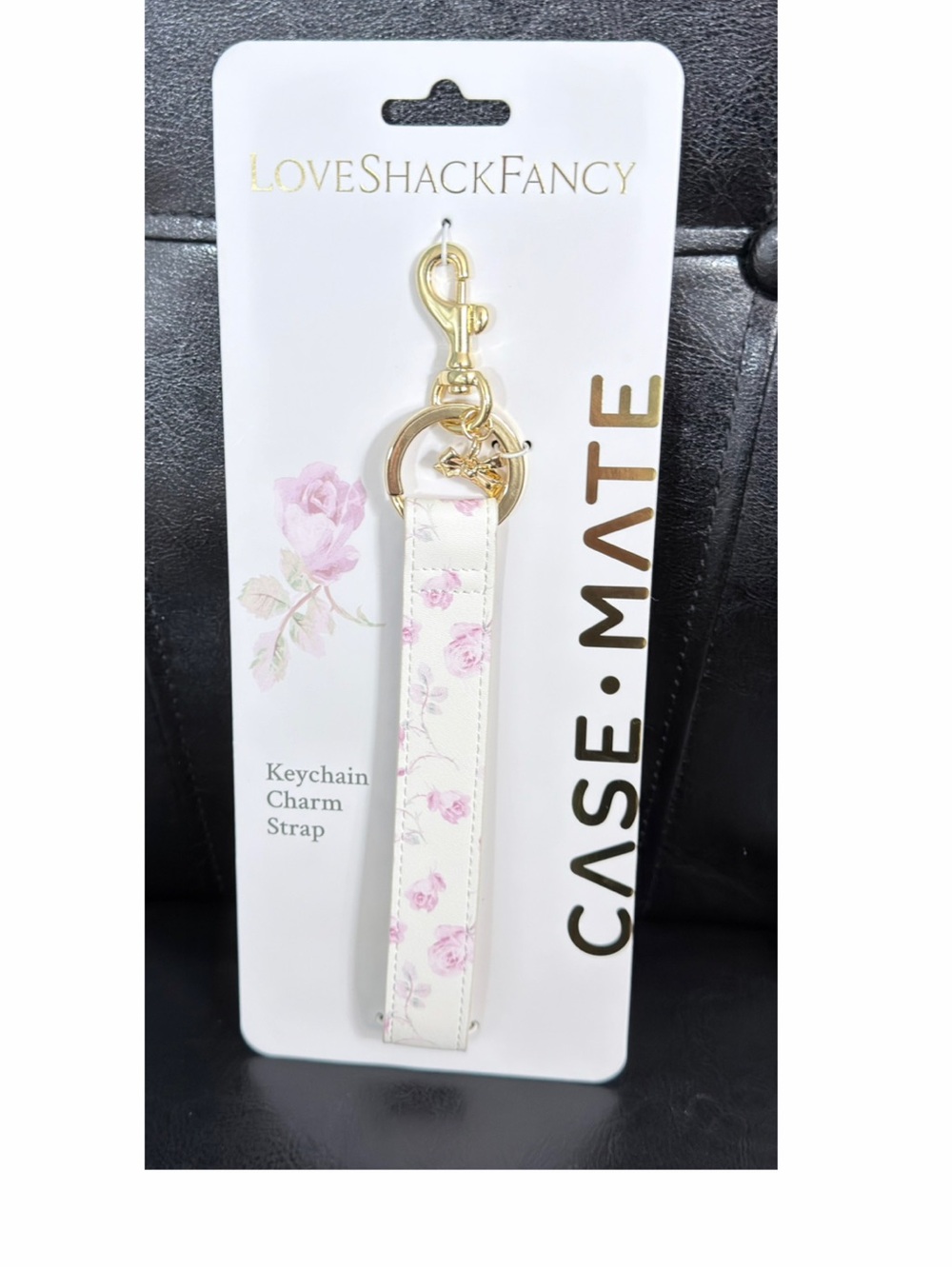 NWT LoveShackFancy Case-Mate Floral Strap Bow Keyring Charm White Pink Gold New